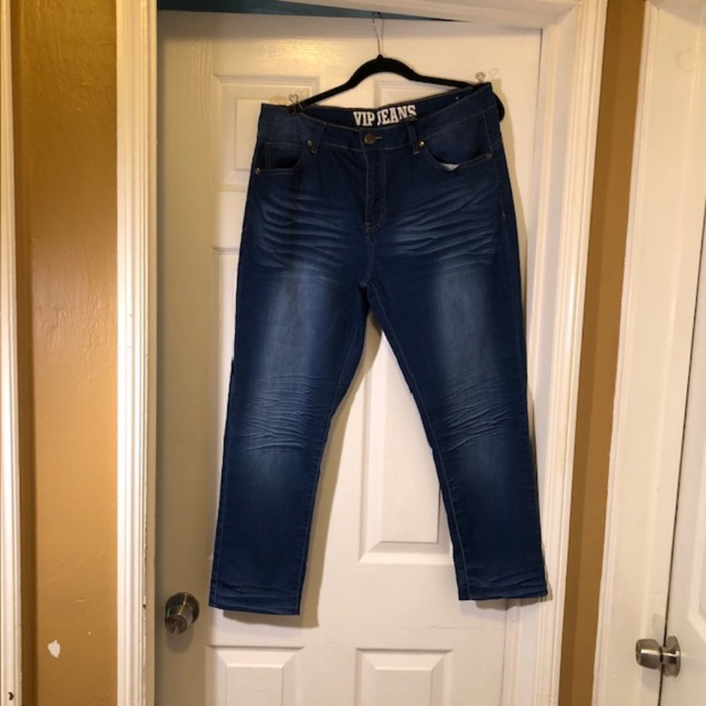 VIP Women's Jeans, size 14, Blue Denim Distressed, inseam altered to 26 inches